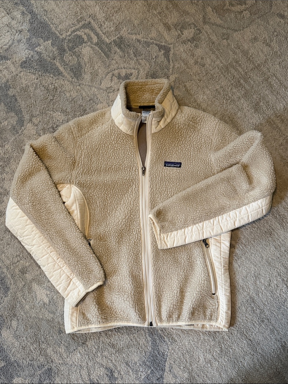 Vintage Patagonia Cream Sherpa Fleece Jacket with Quilted Trim